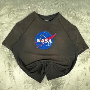 Distressed WT02 Nasa Deep Pile Logo Black Faded Graphic T-shirt Size XXL